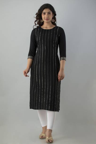 CKM Women Embroidered Viscose Rayon Straight Kurta (Black)