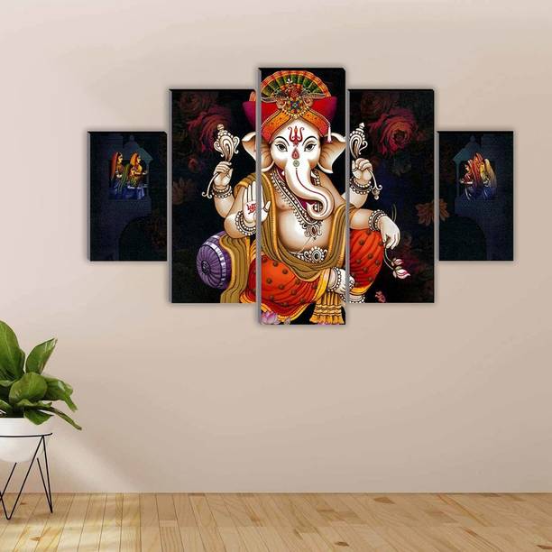 वॉलमैक्स Ganesh Ji Maharaj UV Textured Set of 5 डिजिटल रीप्रिंट 18 inch x 30 inch पेंटिंग