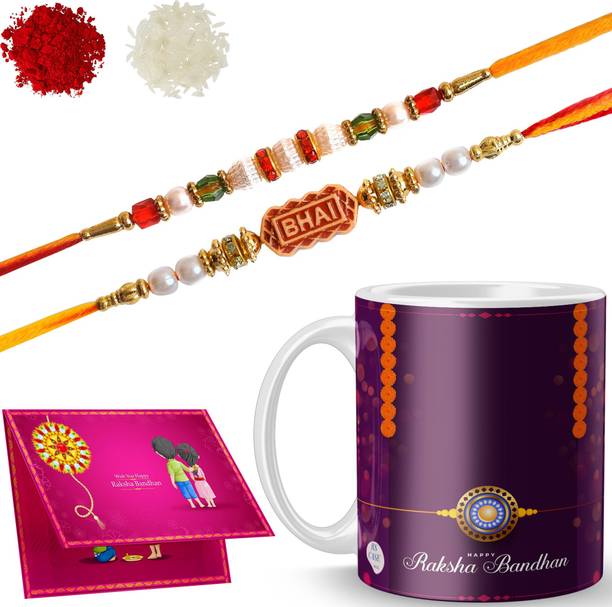 RS CASE Designer MTM-R-12-11-D67 Gold Finish Rakhi, Chawal Roli Pack, Greeting Card, Mug Set