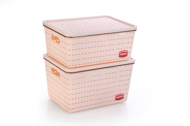NAYASA Plastic Nayasa Gloria 2 Piece Plastic Basket, 1 Big, 1 Medium, Peach Storage Basket