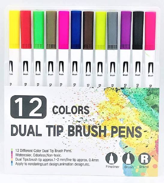 Qatalitic Dual Tip Brush Pens 12 Colors - Ideal for Col...