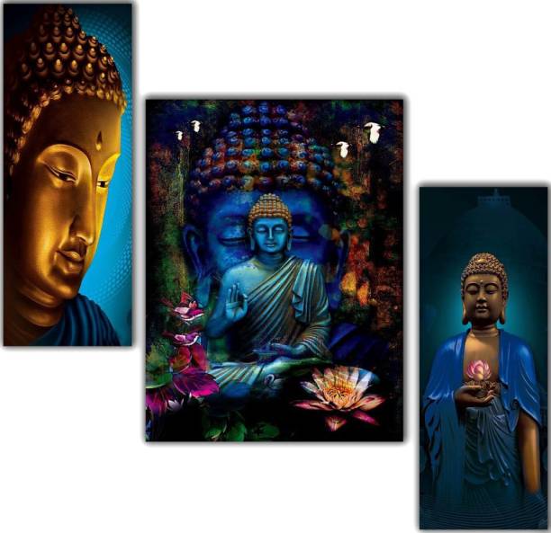 WALLMAX Set of 3 Buddha Uv textured Home Decor Item Digital Reprint 12 inch x 18 inch Painting