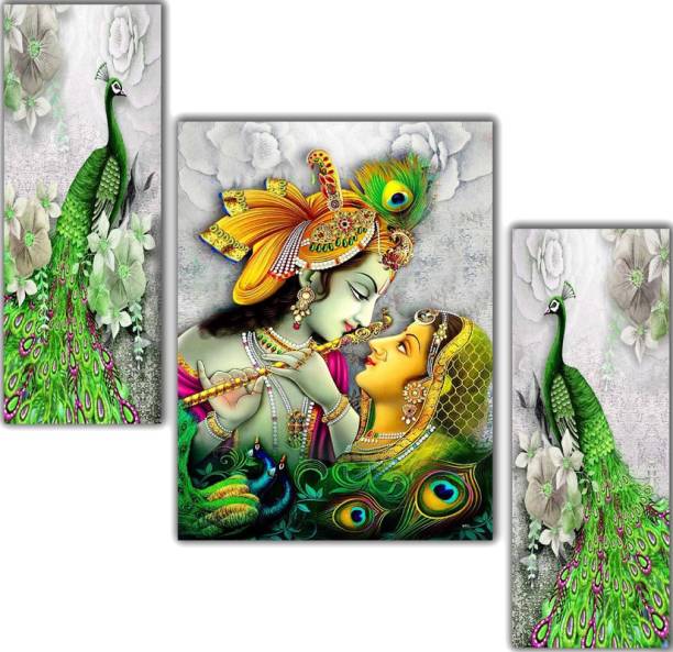 WALLMAX Set of 3 Radha Krishna UV Textured Wall Painting Digital Reprint 12 inch x 18 inch Painting