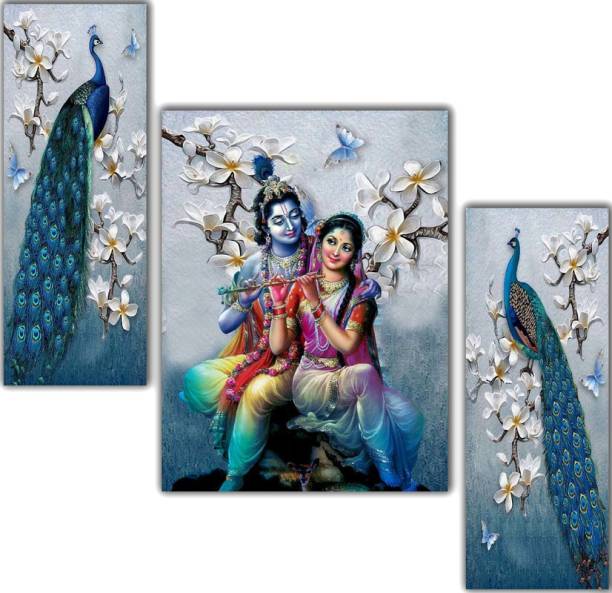 WALLMAX Set of 3 Radha Krishna UV Textured Wall Painting Digital Reprint 12 inch x 18 inch Painting