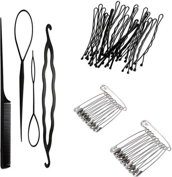 Sharum Crafts 4Pc Comb Set, 24 Bobby Pin & 24 Safety Pin Steel Hair Accessory Set