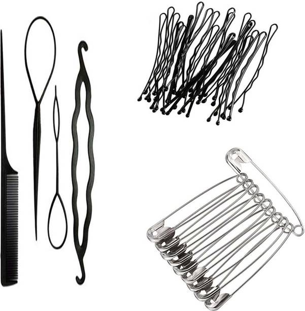 Sharum Crafts 4Pc Comb Set, 24 Bobby Pin & 12 Safety Pin Steel Hair Accessory Set