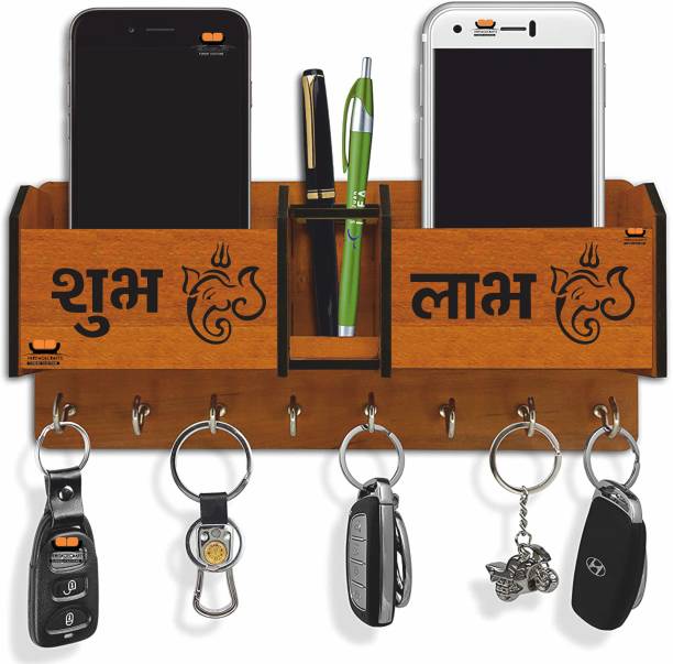 Heritagecrafts Subh Labh Ganesh Unique Wooden 2 Pocket Mobile and Pen holder 8 Hooks Wood Key Holder