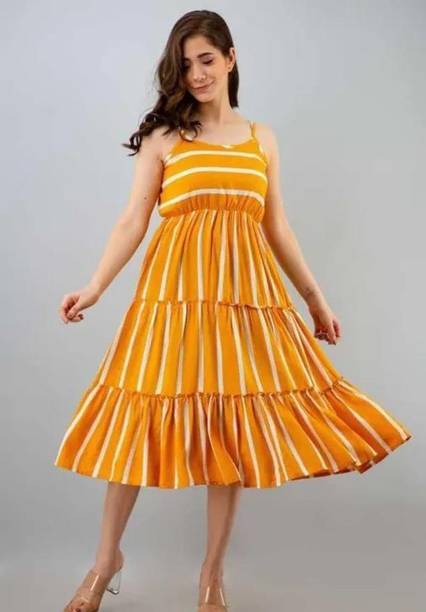 Women Fit and Flare Orange Knee Length Dress