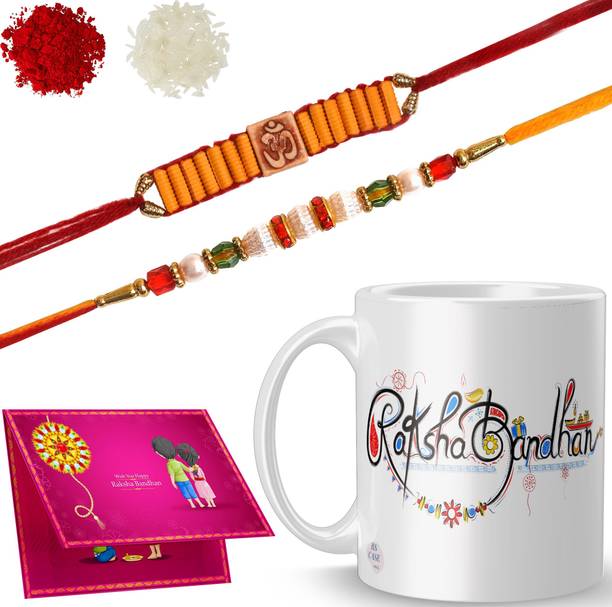 RS CASE Designer MTM-R-9-12-D94 Gold Finish Rakhi, Chawal Roli Pack, Greeting Card, Mug Set