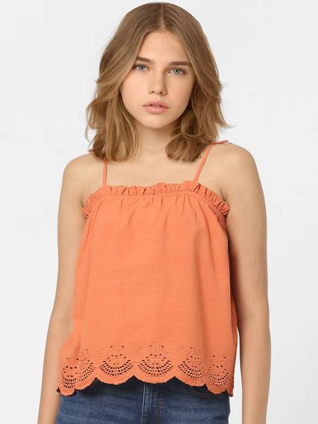 Casual Sleeveless Solid Women Orange Top