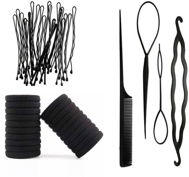 Sharum Crafts 24 Bobby Hair Pin, 4pc Comb Set & 20 Black Rubber Hair Accessory Set