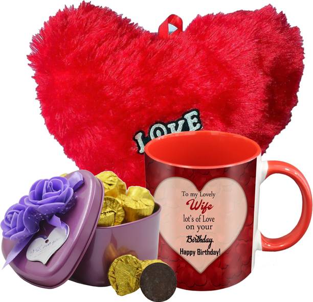 Midiron Beautiful Birthday Gifts Pack, 15 Dark Chocolate Bar With Birthday Wishes Quoted Printed Ceramic Mug and Soft Red Heart, Birthday Gifts For Your Love One's IZ19Choco15Tinbox4PurMUrHR-DTBirthday-18 Ceramic, Silk Gift Box
