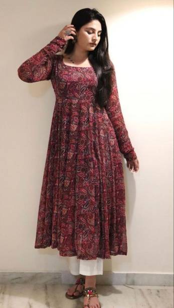 Women Printed Georgette Gown Kurta Price in India