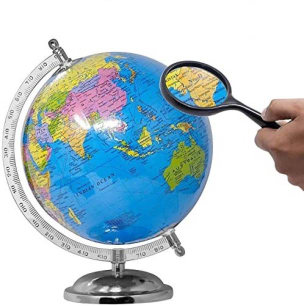 AMG Music Big Size 12 inch World Globe w/ Steel Finish Arc & Base, Educational Political Map Globe for Home Globe for Kids Learning Study Geography Students Teachers Schools & Offices Desk & table top Political World Globe