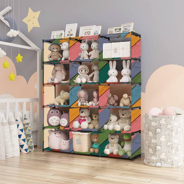 Zooper Colorful Wood Print 18 Shelf Book Organizer Metal Open Book Shelf
