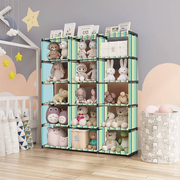 G Genipap Green Strip Print 18 Shelf Book Organizer Metal Open Book Shelf