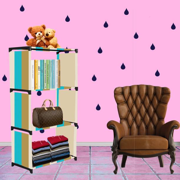 G Genipap Beige Strip Print 4 Shelf Book Organizer Metal Open Book Shelf