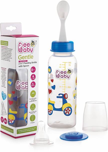 Beebaby Gentle 2 in 1 Baby Feeding Bottle with Plastic Feeder Spoon. (Blue) (250 ML / 8 Oz.) - 250 ml