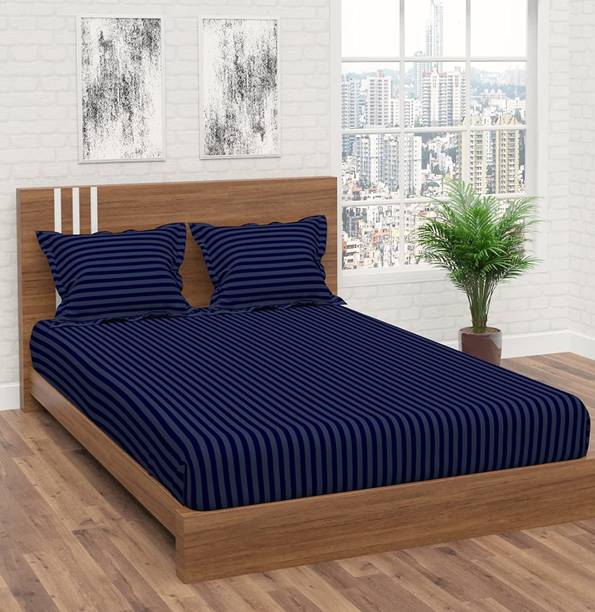 BROMWICK Microfiber Double Flat 300 TC Striped 1 Bedsheet with 2