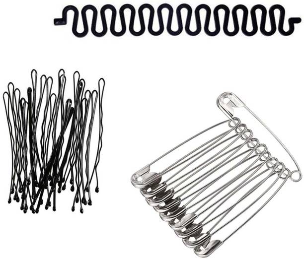 Sharum Crafts 24 Bobby Hair Pin, 1 French Choti Maker & 12 Steel Safety Pin Hair Accessory Set
