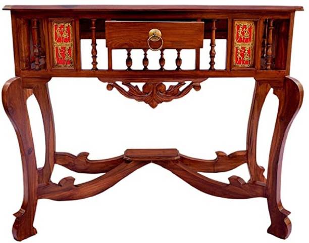 QA Antique Handicraft Teak Wood Antique Look Console Table with Beautiful Brass Dhokra and Warli Art Solid Wood Coffee Table