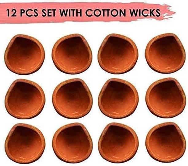 Satvik Earthen Clay Diya 12 Pc Set Terracotta (Pack of 12) Table Diya Set