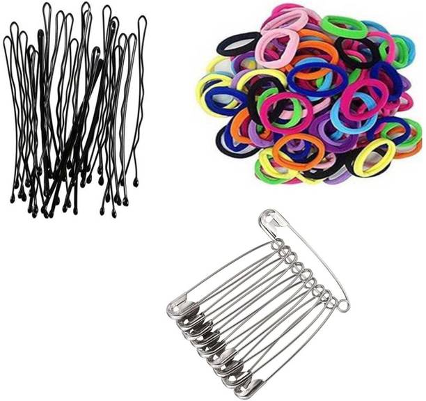 Sharum Crafts 24 Bobby Hair Pin, 10 Multi Rubber Band & 12 Steel Safety Pin Hair Accessory Set