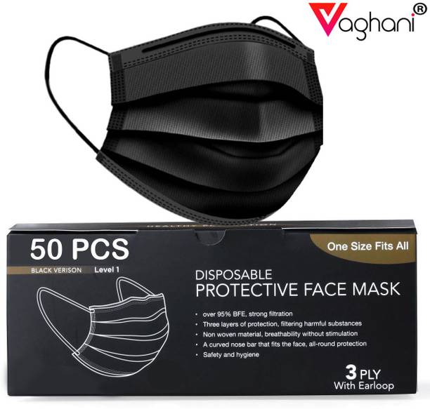 Vaghani 50 Black Units With Nose Pin Disposable Iso Mark 3 Ply Pharmaceutical Breathable Surgical Pollution Face Mask Respirator with 3 Layer For Men, Women, Kids 3 Ply Surgical Mask (50 Piece) ( With Nose Pin )( Black ) Surgical Mask With Melt Blown Fabric Layer