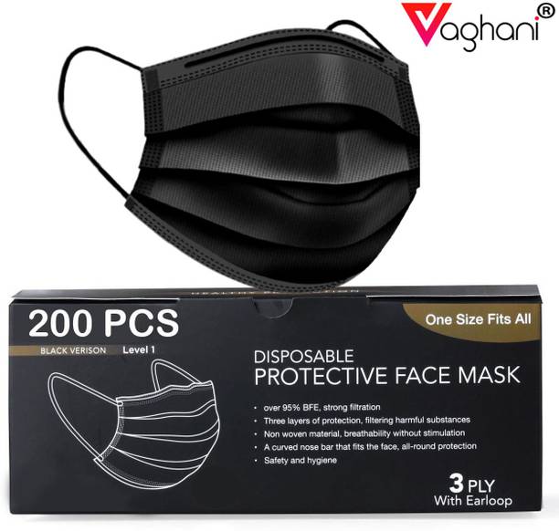 Vaghani 200 Black Units With Nose Pin Disposable Iso Mark 3 Ply Pharmaceutical Breathable Surgical Pollution Face Mask Respirator with 3 Layer For Men, Women, Kids 3 Ply Surgical Mask (200 Piece) ( With Nose Pin )( Black ) Surgical Mask With Melt Blown Fabric Layer