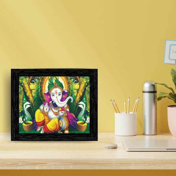 Indianara Lord Ganesha Framed wall Painting with Table Top 2348TT(BK)-WITH GLASS Digital Reprint 8 inch x 6 inch Painting