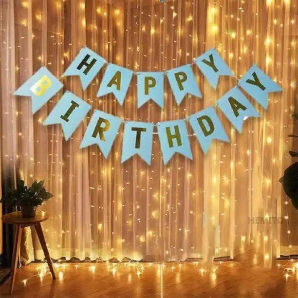 PARTY MIDLINKERZ Solid Happy Birthday Blue Banner decoration Kit combo With 10 meter long Led Light Balloon