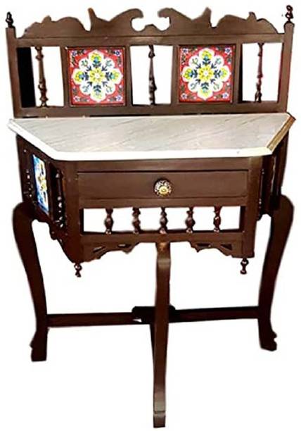 QA Antique Handicraft Traditional Trapezium Shape Console Table Solid Teak Wood Crown Back Marble Solid Wood Coffee Table
