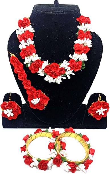 Riya Handcraftejewelry Fabric, Paper Red, White Jewellery Set