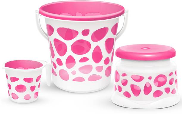 MILTON Duplex Spa 3 Piece Set, Pink | 25 Ltrs Bucket Mug & Stool | Bathroom Accessory 25 L Plastic Bucket
