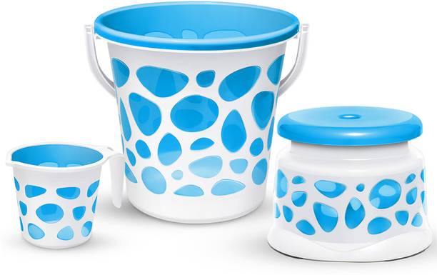 MILTON Duplex Spa 3 Piece Set, Blue | 20 Ltrs Bucket, Mug & Stool | Bathroom Accessory 20 L Plastic Bucket