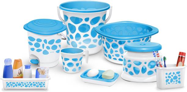 MILTON Duplex 8 Piece Plastic Spa Set, Blue | Bucket | Bin | Mug | Soap Dish | Patla 25 L Plastic Bucket
