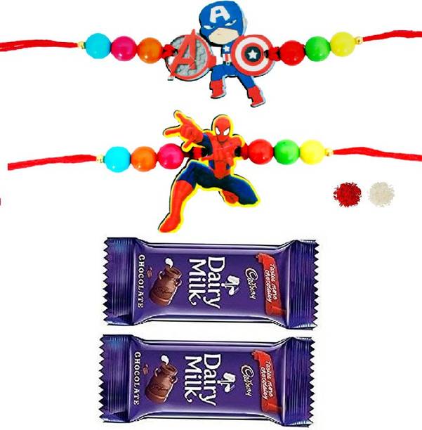 VR Creatives Spiderman and Captain America Two 2 Rakhi Combo Set with Tika Set,2 Chocolate Assorted Gift Box