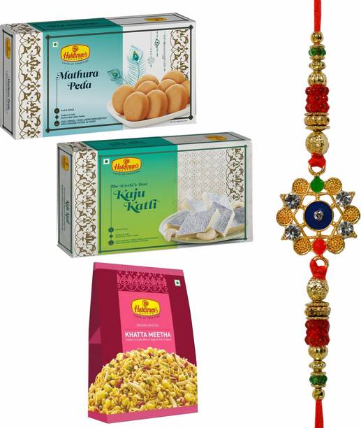 Haldiram's Nagpur Mathura Peda 250g,Kaju Katli 250g,Khatta Meetha200g With Rakhi Assorted Gift Box