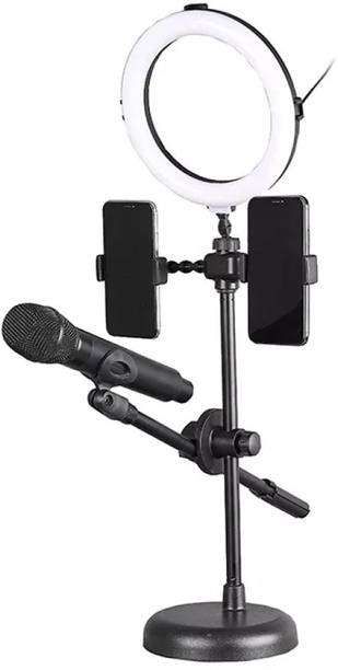 Store2508 Live Stream Selfie Ring Light 4 in 1 with 2 Cell Phone Holder Microphone Holder Ring Flash