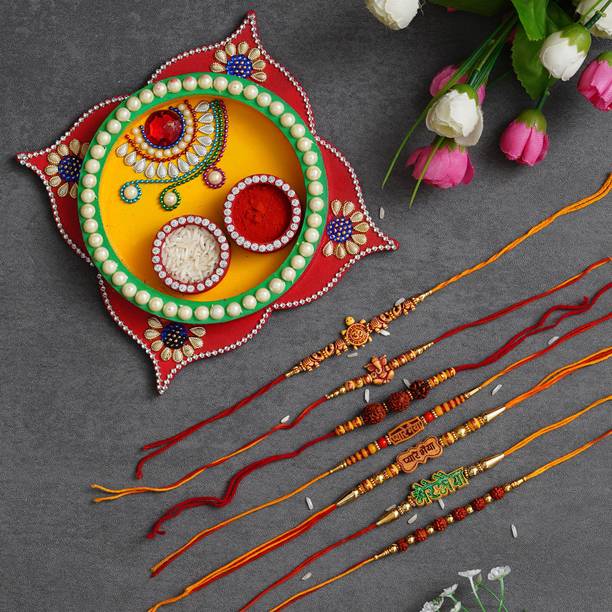 CAPIO ART Designer RAKHI7CHOTITHALI Mauli Thread, Mauli Thread, Kundan Rakhi, Chawal Roli Pack, Thali  Set