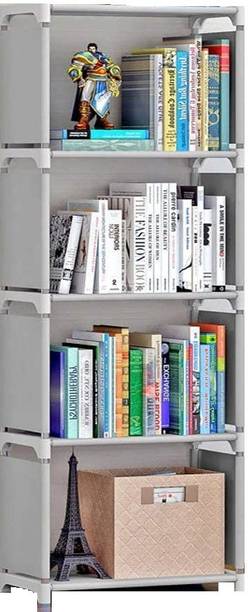 Buenovida Metal Study Room, Book Multipurpose Rack Stand Shelf Grey- 4-shelve Organizer Plastic Open Book Shelf