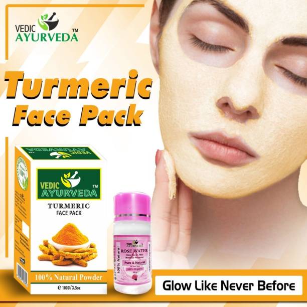 VEDICAYURVEDA Turmeric Powder Face Pack With Rose Water(60ml) Glowing Skin Pack of 2