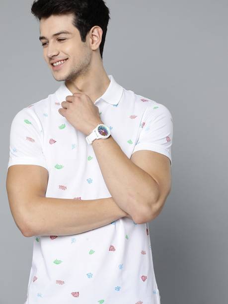 Mast & Harbour Men Printed Polo Neck Pure Cotton White T-Shirt