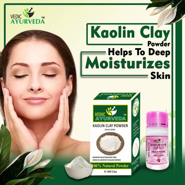VEDICAYURVEDA Kaolin Clay Powder with Rose water (60 ml) for Skin Glowing, Remove Black head