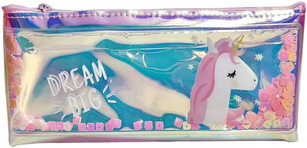AMISO Multipurpose Unicorn Gel Pouch with Filled Sequin Gel for Kids Girls Multicolor Unicorn Design Art Plastic Pencil Box