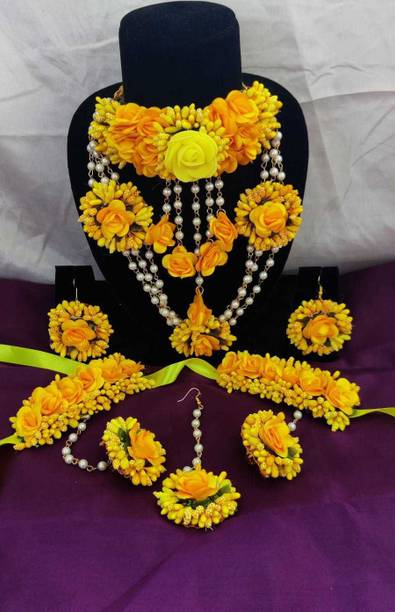 Paladiya Krafts Fabric, Paper Yellow, White Jewellery Set