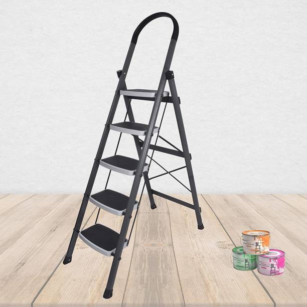 Plantex High-Grade Heavy Steel Folding 5 Step Ladder for Home - 5 Wide Anti-Skid Steps (Gray & White) Steel Ladder