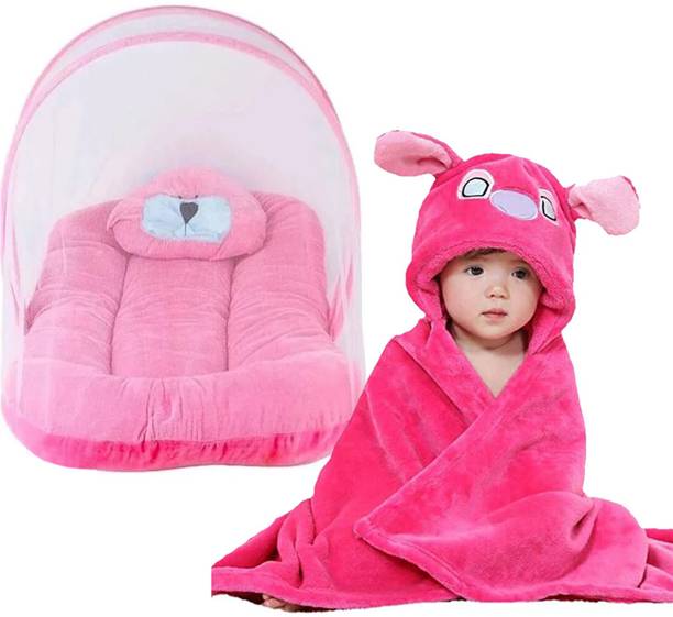BABY ZONE Mosquito Net Bed and A Baby Bath towel soft Baby Bed With a soft Pillow Pack Of 2