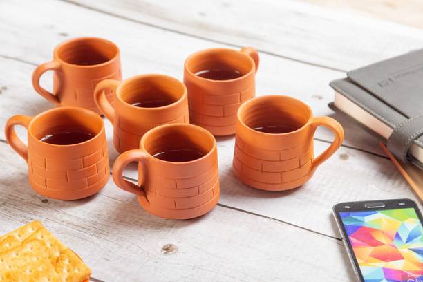 Haus Fabula Pack of 6 Terracotta Handcrafted Brick Design Microwave Safe Tea Cup, 120 ml Each