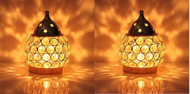 Fashion Bizz Set of 2 Brass Akhand Diya | Diamond Crystal Deepak/Diya Brass, Crystal (Pack of 2) Table Diya